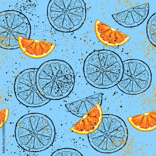 Seamless pattern with colored orange slices on a blue background
