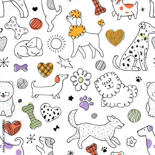 Dogs and elements seamless pattern. Linear graphic. Minimalist style.