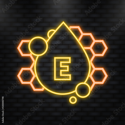 Neon Icon. Vitamin E shining pill capcule icon. Shining golden substance drop. Meds ads. Beauty treatment nutrition skin care design. Vector illustration.