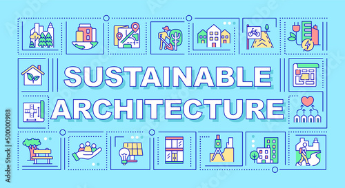 Sustainable architecture word concepts turquoise banner. Renewable energy. Infographics with icons on color background. Isolated typography. Vector illustration with text. Arial-Black font used