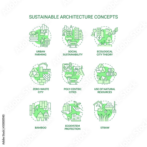 Sustainable architecture green concept icons set. Ecological city theory idea thin line color illustrations. Isolated symbols. Editable stroke. Roboto-Medium, Myriad Pro-Bold fonts used