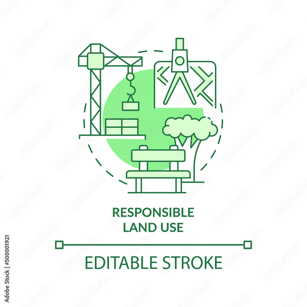 Responsible land use green concept icon. Green building strategy abstract idea thin line illustration. Construction. Isolated outline drawing. Editable stroke. Arial, Myriad Pro-Bold fonts used Responsible land use green concept icon. Green building strategy abstract idea thin line illustration. Construction. Isolated outline drawing. Editable stroke. Arial, Myriad Pro-Bold fonts used