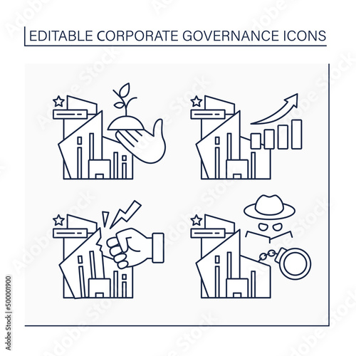 Corporate governance line icons set. Acceleration, sustainability,rebels, fraud. Business concept. Isolated vector illustrations. Editable stroke