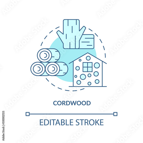 Cordwood turquoise concept icon. Sustainable building material abstract idea thin line illustration. Construction. Isolated outline drawing. Editable stroke. Arial, Myriad Pro-Bold fonts used photo