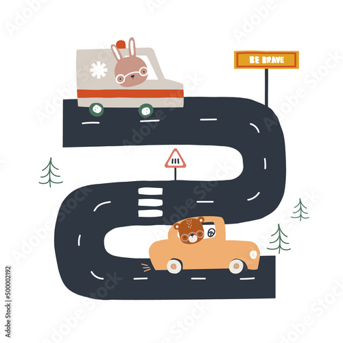 Wallpaper Mural Funny animal ride in cartoon cars. Kids graphic. Vector hand drawn illustration. Torontodigital.ca