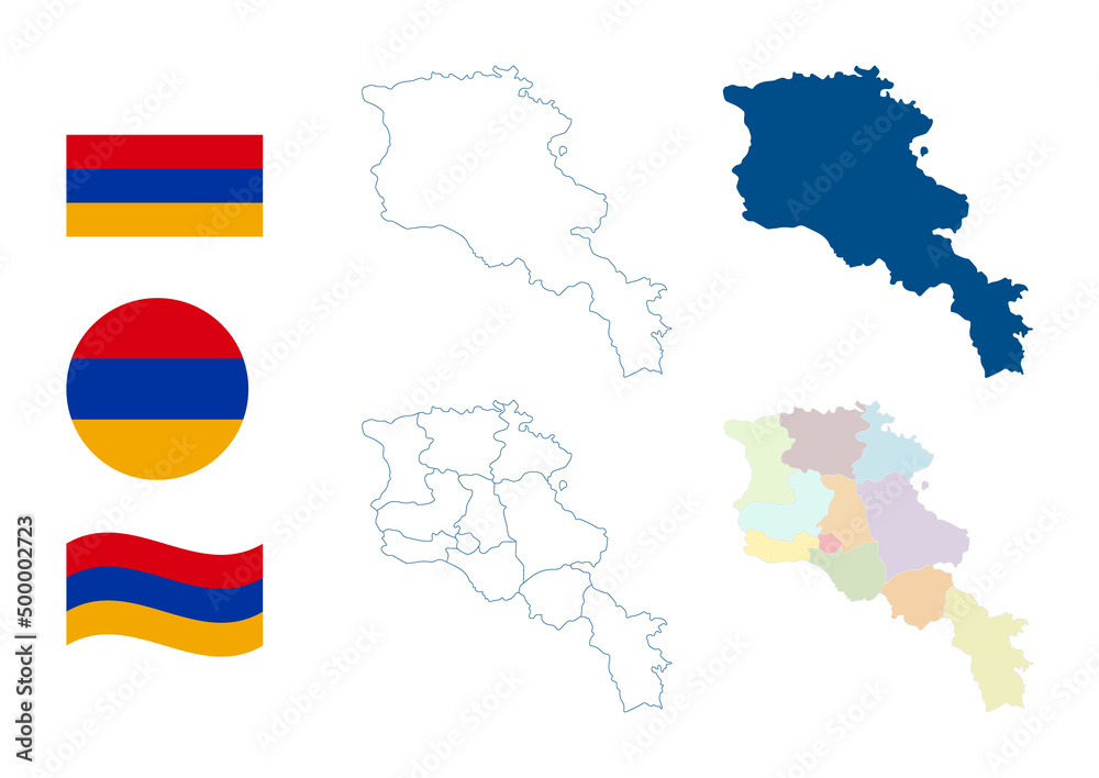 Armenia map. Detailed blue outline and silhouette. Administrative divisions and provinces. Country flag. Set of vector maps. All isolated on white background. Template for design and infographics.