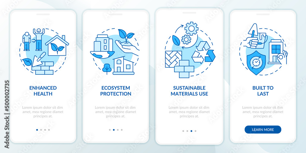 Advantages of sustainable architecture blue onboarding mobile app screen. Walkthrough 4 steps graphic instructions pages with linear concepts. UI, UX, GUI template. Myriad Pro-Bold, Regular fonts used