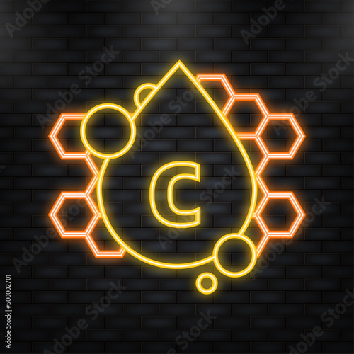 Vitamin C shining pill capcule icon. Shining golden substance drop. Meds ads. Beauty treatment nutrition skin care design. Vector illustration.