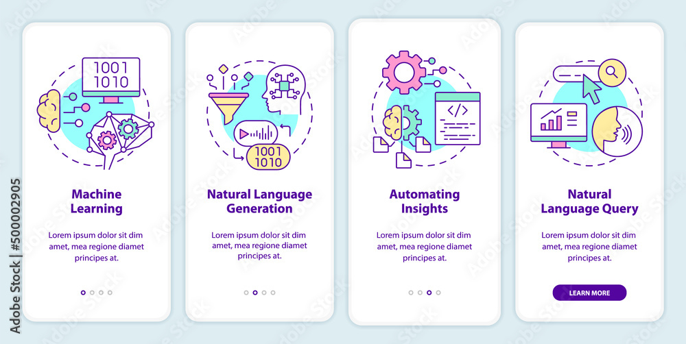 Defining augmented analytics onboarding mobile app screen. Walkthrough 4 steps graphic instructions pages with linear concepts. UI, UX, GUI template. Myriad Pro-Bold, Regular fonts used