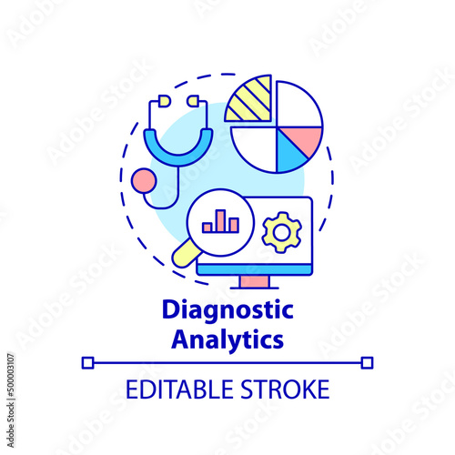 Diagnostic analytics concept icon. Business data analysis type abstract idea thin line illustration. Root cause analysis. Isolated outline drawing. Editable stroke. Arial, Myriad Pro-Bold fonts used