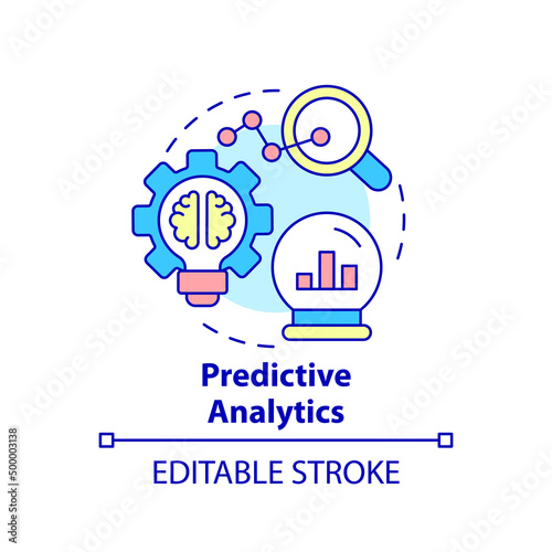 Predictive analytics concept icon. Automated data analytics abstract idea thin line illustration. Predict future trends. Isolated outline drawing. Editable stroke. Arial, Myriad Pro-Bold fonts used