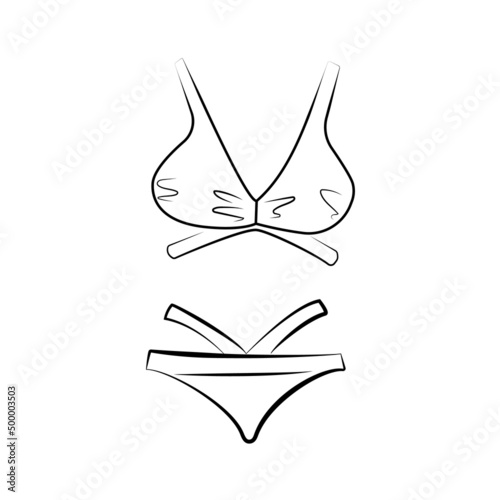 Hand drawn bikini. Sketch of a women's swimsuit for summer vacation on the beach. Black outline on a white background. Vector