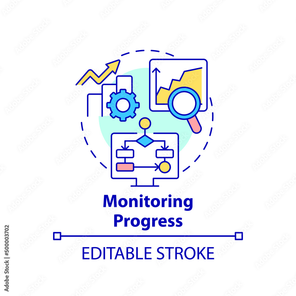 Monitoring progress concept icon. Business analytics task abstract idea thin line illustration. Market research. Live test. Isolated outline drawing. Editable stroke. Arial, Myriad Pro-Bold fonts used