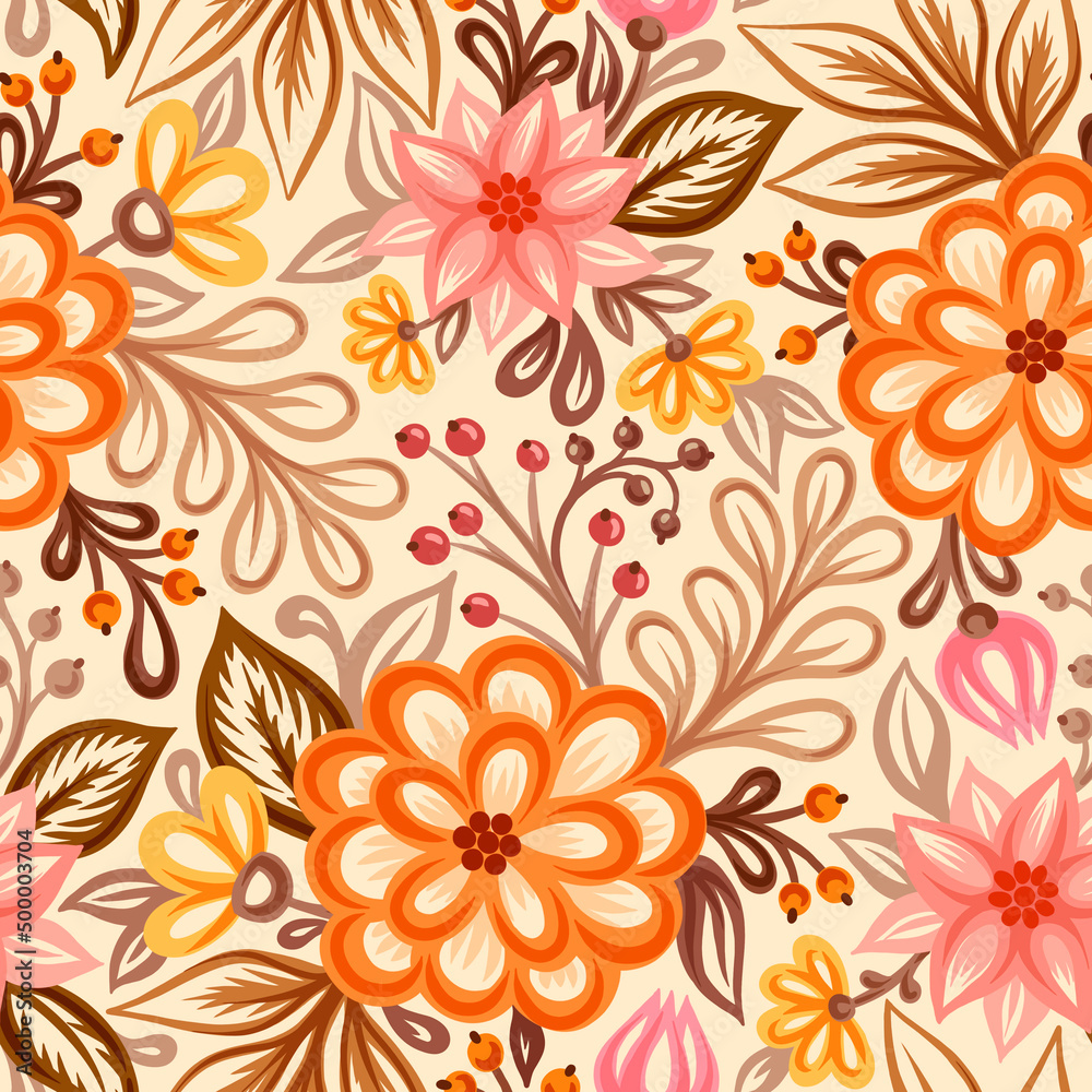 Seamless pattern with flowers. Illustration on a bright background. Design for textiles, souvenirs, fabrics, packaging and greeting cards and more.