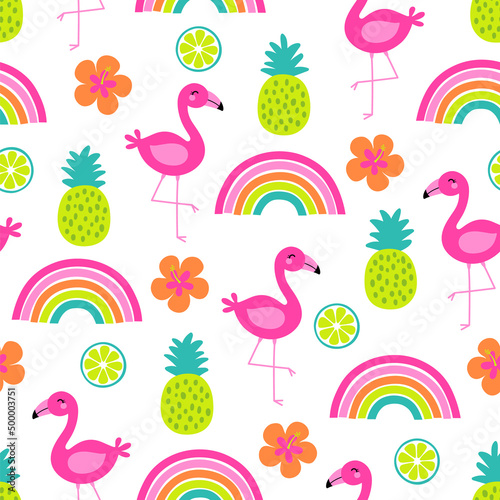 Cute hand drawn flamingo, rainbow and tropical fruits seamless pattern for summer holidays background.