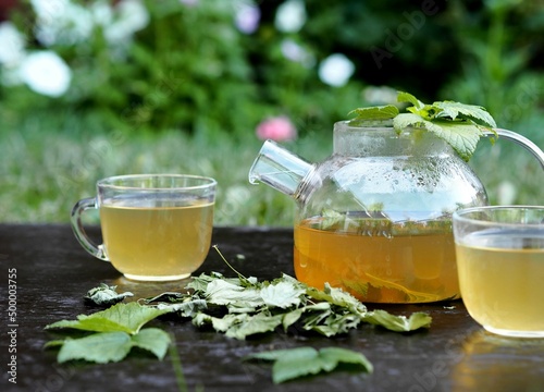 Tea in a glass teapot with leaves of black currant, berries and green leaf on a background bamboo napkin