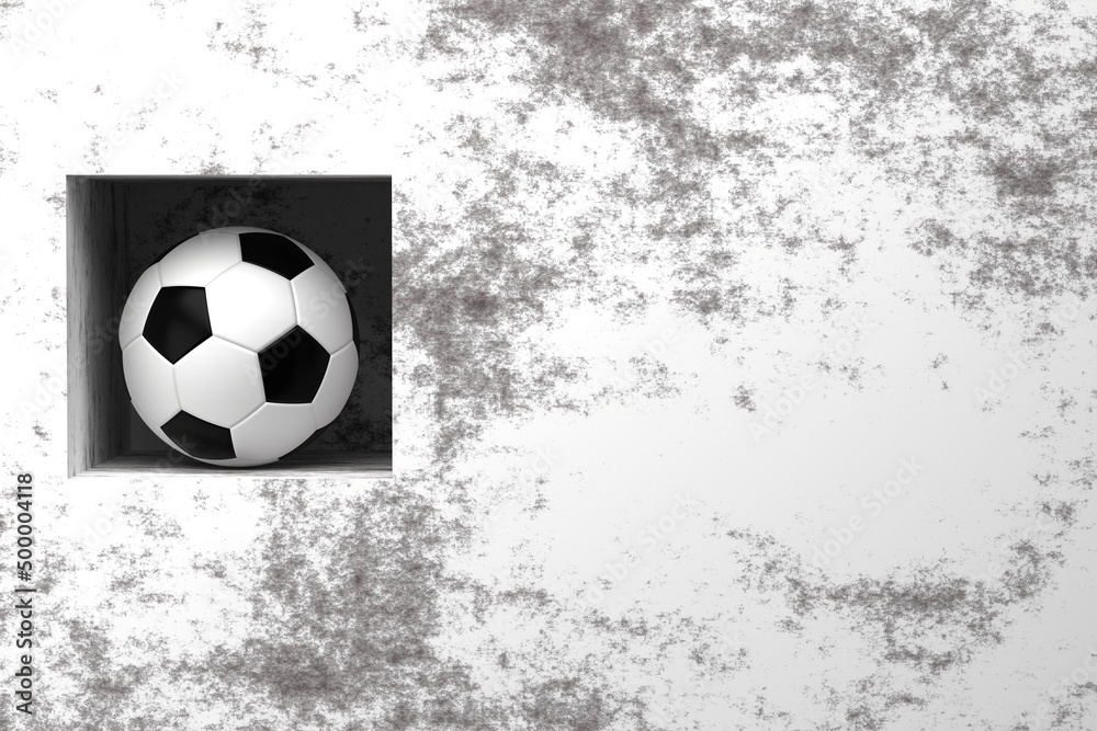 Soccer ball in a concrete wall. Minimalism. Place for text. 3D render.