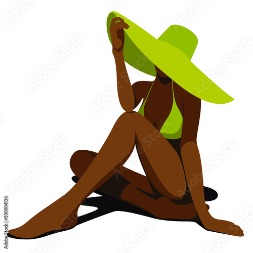 vector illustration on the theme of summer holidays. a dark-skinned girl in a green bikini is resting on the beach under a hat isolated on a white background. useful for advertising summer vacations