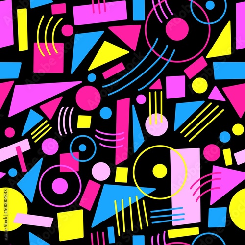Raster seamless pattern with bright geometric figures on a black background.