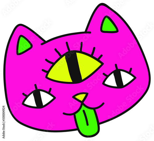 Pink cat head with three eye and green tongue