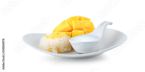 Mango Sticky Rice on plate ceramic background.