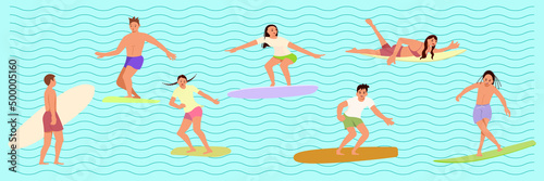 Photography Set of Men an women surfers ride the Waves
