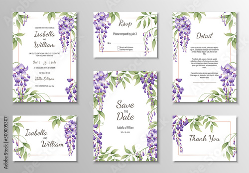 Set of wedding templates, banners, invitations for the holiday.Beautiful postcard decor with purple wisteria photo
