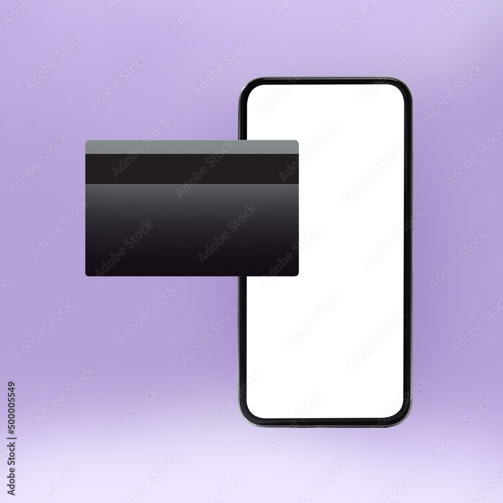 Smartphone And Credit Card Standing Over Purple Studio Background, Square Smartphone And Credit Card Standing Over Purple Studio Background, Square