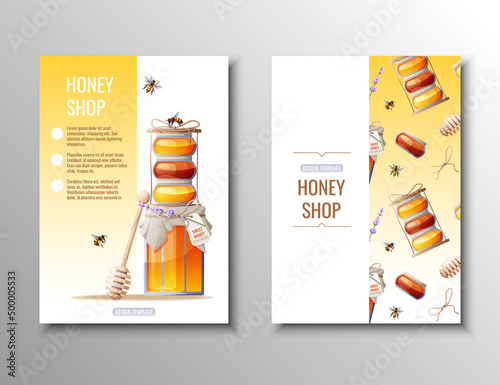 Flyer template with honey products. Honey shop, healthy natural product.Banner, poster, a4 cover for advertising