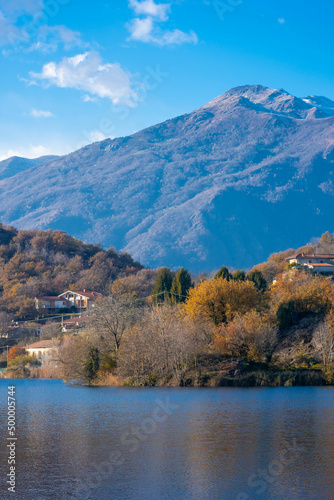Landscape of the Alps of Piedmont over a lake Italy