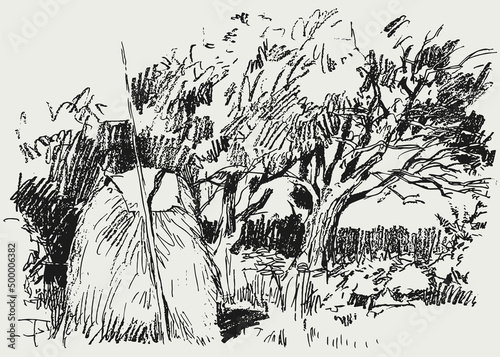 Hand drawing of rural landscape with haystack on forest lawn next to trees