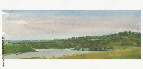 Watercolor vector drawing of landscape riverside on overcast summer day