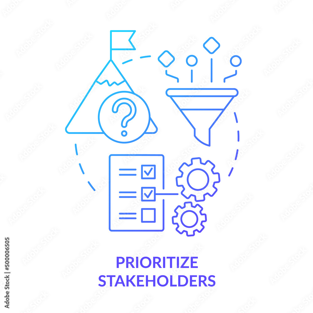 Prioritize stakeholders blue gradient concept icon. Ranking investors. Step of stakeholder relations abstract idea thin line illustration. Isolated outline drawing. Myriad Pro-Bold font used