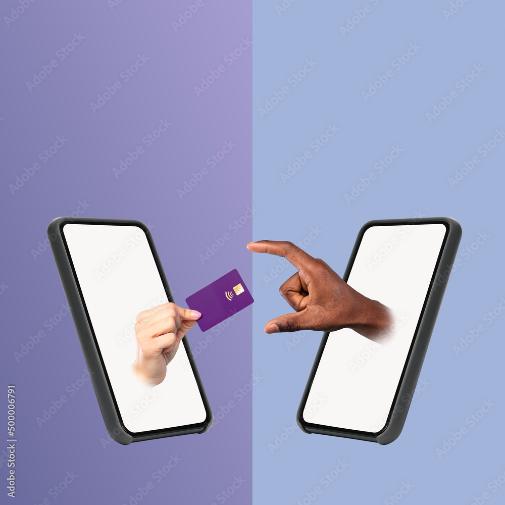 Hand In Smartphone Screen Giving Credit Card Over Blue Background