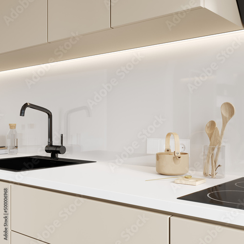 Mockup in kitchen interior background  light beige  modern  style  3d render