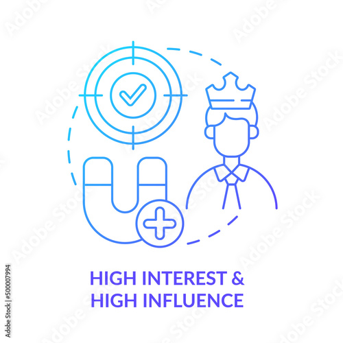 High interest and high influence blue gradient concept icon. Stakeholder mapping and analysis abstract idea thin line illustration. Isolated outline drawing. Myriad Pro-Bold font used