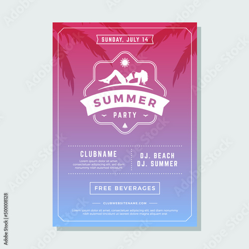 Summer holidays beach party flyer typography night club event label design. Vector illustration good for posters or flyers.