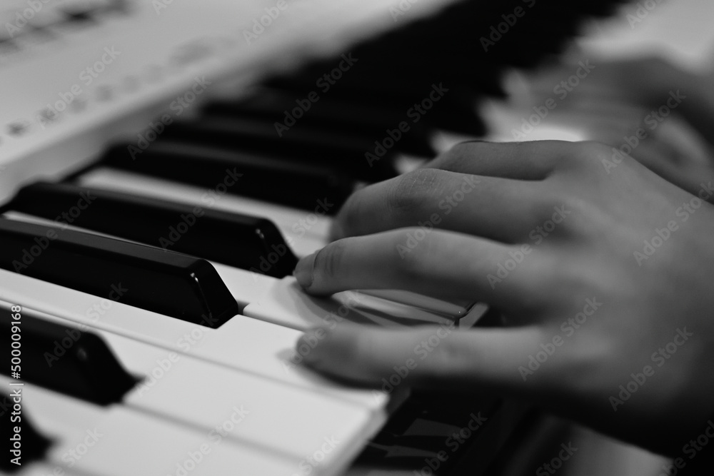 Fototapeta premium 電子キーボードを弾いている手元・モノクローム
