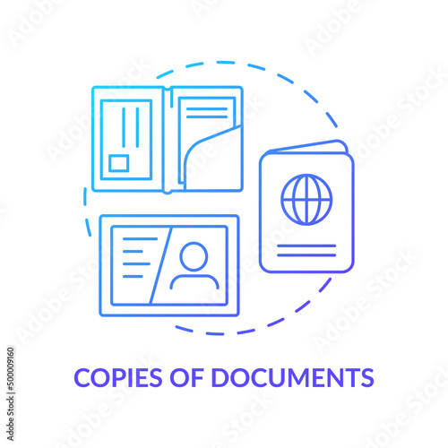 Copies of documents blue gradient concept icon. Things to pack for surviving. Survival bag abstract idea thin line illustration. Isolated outline drawing. Myriad Pro-Bold font used