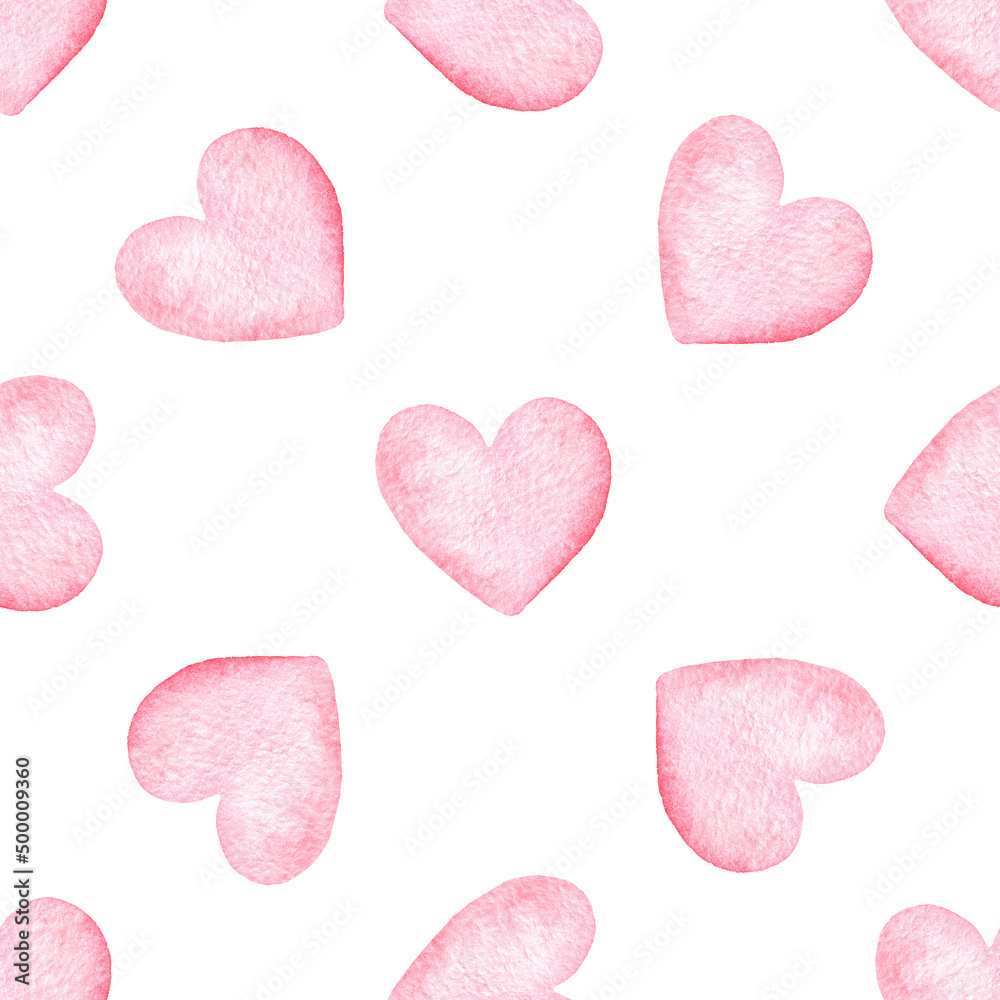 Watercolor pink hearts seamless pattern on white background Watercolor pink hearts seamless pattern on white background