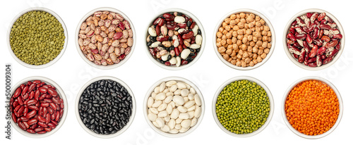 Set of different legumes in bowl isolated on white background.