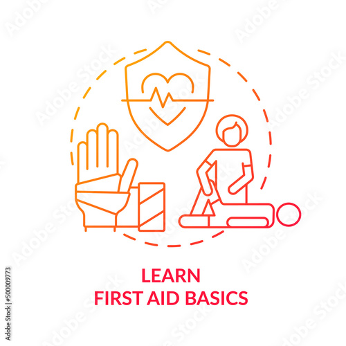 Learn first aid basics red gradient concept icon. Joining medical courses. Action during war abstract idea thin line illustration. Isolated outline drawing. Myriad Pro-Bold font used