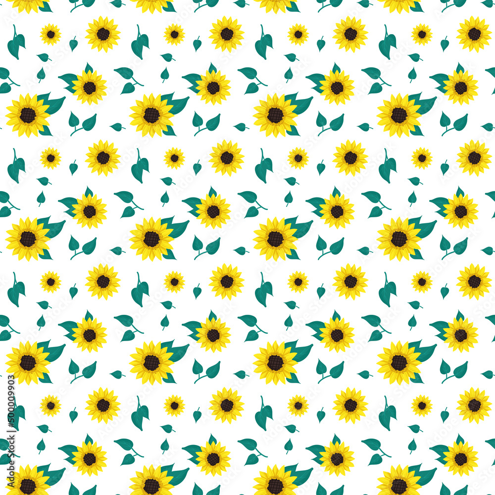 Seamless pattern with yellow sunflowers and green leaves on white background. Print with element of nature, plant for decoration and design. Vector flat illustration