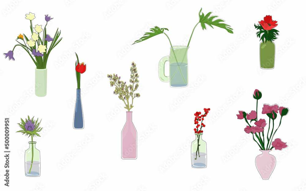 Bouquets of flowers in vases and glasses. Set of isolated images. Bouquets of flowers in vases and glasses. Set of isolated images.
