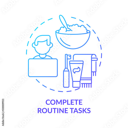 Complete routine tasks blue gradient concept icon. Everyday habits. How to deal with emotions during war abstract idea thin line illustration. Isolated outline drawing. Myriad Pro-Bold font used