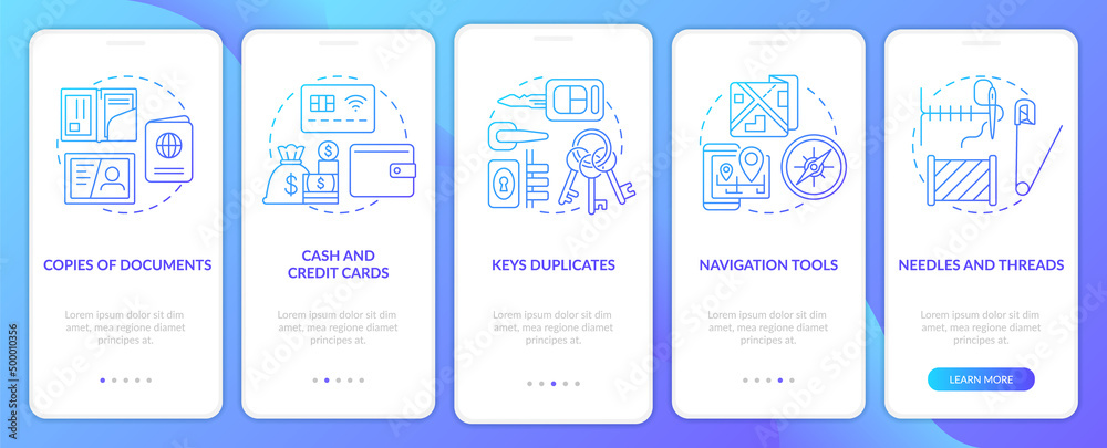Essential things to pack blue gradient onboarding mobile app screen. Walkthrough 5 steps graphic instructions pages with linear concepts. UI, UX, GUI template. Myriad Pro-Bold, Regular fonts used