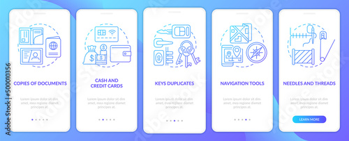 Essential things to pack blue gradient onboarding mobile app screen. Walkthrough 5 steps graphic instructions pages with linear concepts. UI, UX, GUI template. Myriad Pro-Bold, Regular fonts used