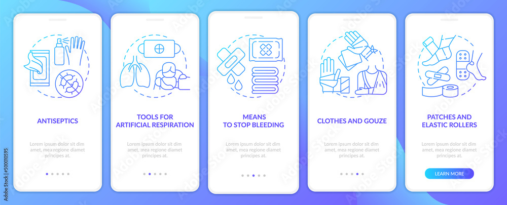 First aid kit blue gradient onboarding mobile app screen. Survive at war walkthrough 5 steps graphic instructions pages with linear concepts. UI, UX, GUI template. Myriad Pro-Bold, Regular fonts used
