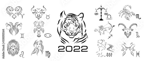 Astrological images of zodiac signs.A set of icons of zodiac horoscope symbols.The Year of the tiger.Vector illustration.