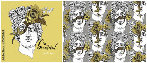 Set of print and seamless wallpaper pattern. Apollo Plaster head statue with a flowers, buds and leaves. Textile composition, t-shirt design, hand drawn style print. Vector illustration.